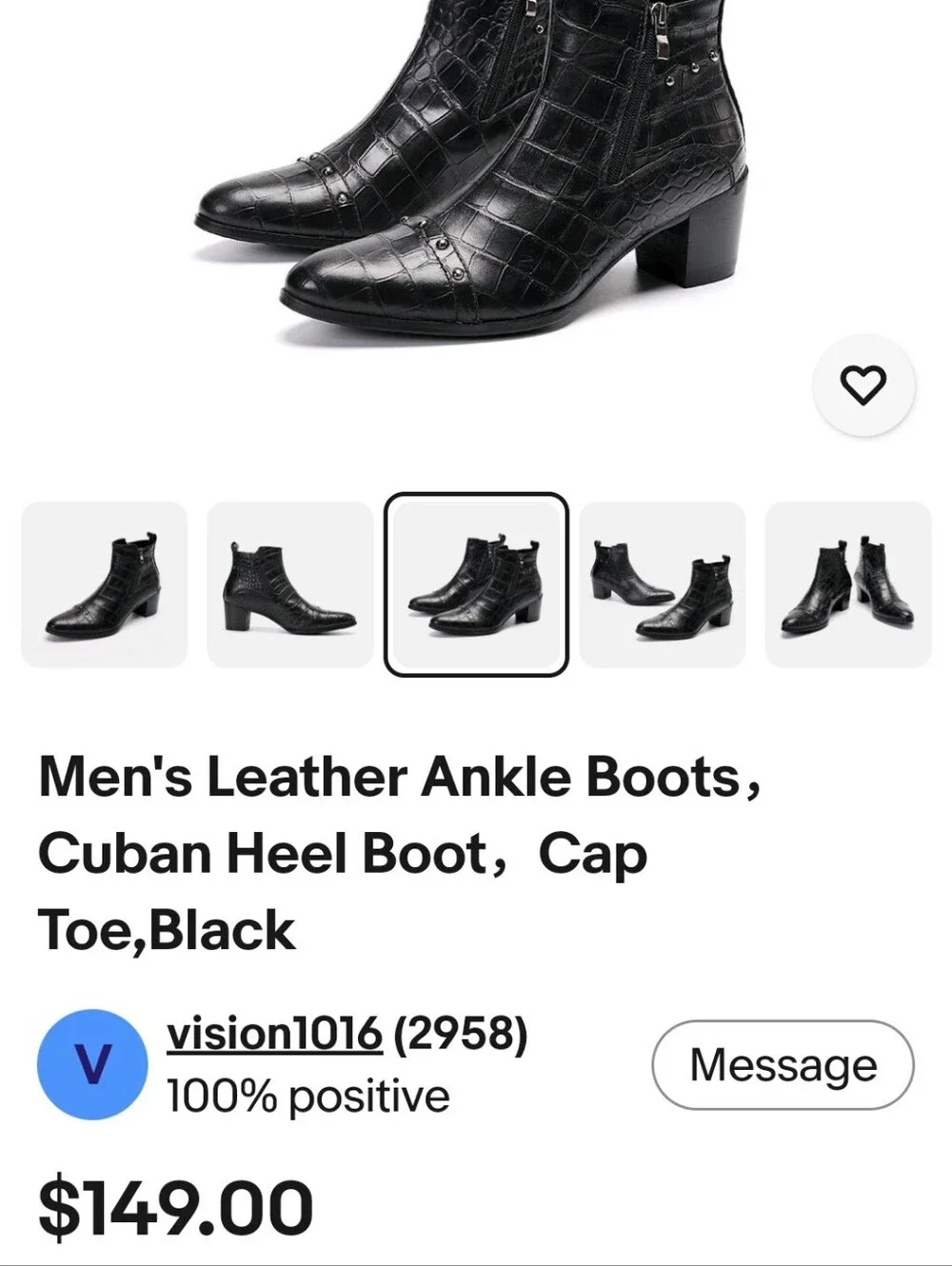 Men's Black Croc-Embossed Leather Boots with Block Heel